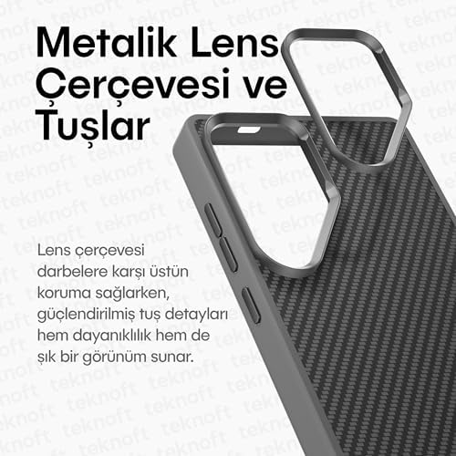 Galaxy S25 Ultra için Karbon Serisi Ultra Güçlü Metal Tuşlu ve Lens Çerçeveli Darbe Emici Karbon Fiber Görünümlü Silikon Kılıf (Gri, Galaxy S25 Ultra)