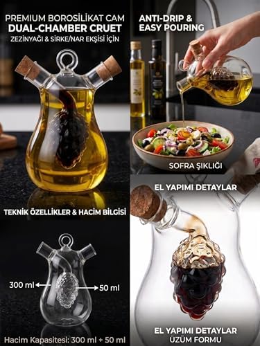Çift Hazneli Borosilikat Cam Yağdanlık ve Sirkelik, Üzüm Figürlü, Damlatmaz, Mantar Tıpalı, 300 ml + 50 ml
