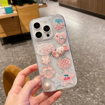 3D Şeker ve Meyve Figürlü Şeffaf Simli iPhone 15 Pro Uyumlu Kılıf – Kamera Korumalı, Darbe Emici Silikon