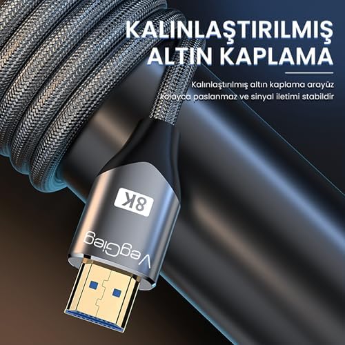8K 60Hz 4K 120Hz 48 Gbps HDR ARC HDCP Örgülü HDMI 2.1 Kablo 1 Metre