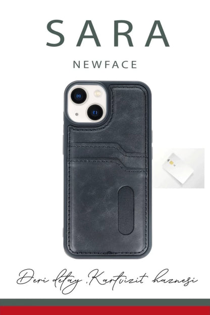 Apple iPhone 15 Sara Kartvizitli Deri Kılıf - Siyah