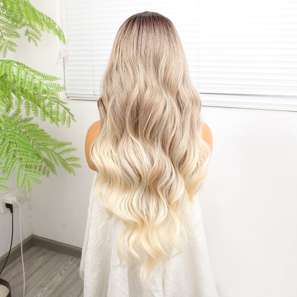 Kumral Platin Ombre ve Röfleli Fiber Sen Geniş Daalı Tül Peruk