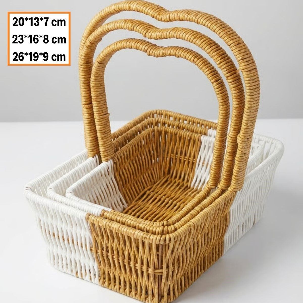 BUFFER® İç İçe Geçebilen 3’lü Çift Renkli Dikdörtgen Formlu Kalp Saplı Plastik Rattan Sepet Seti – Hasır Görünümlü Çok Amaçlı Organizerler