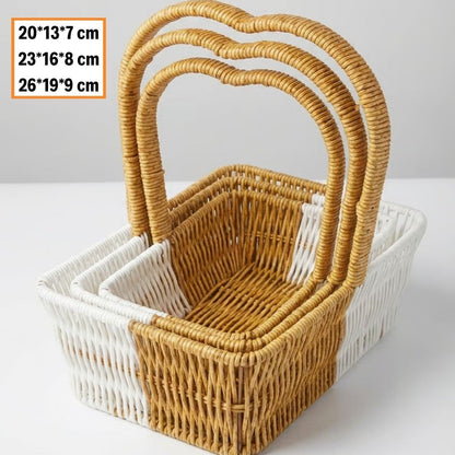 BUFFER® İç İçe Geçebilen 3’lü Çift Renkli Dikdörtgen Formlu Kalp Saplı Plastik Rattan Sepet Seti – Hasır Görünümlü Çok Amaçlı Organizerler