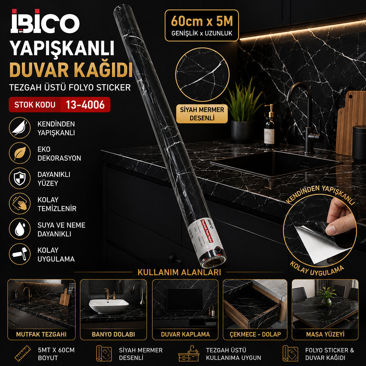 5MT X 60CM Siyah Mermer Desenli Tezgah Üstü Folyo Sticker - Duvar Kağıt Kendinden Yapışkanlı - Eko Dekorasyon - Dayanıklı