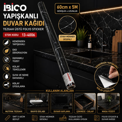 5MT X 60CM Siyah Mermer Desenli Tezgah Üstü Folyo Sticker - Duvar Kağıt Kendinden Yapışkanlı - Eko Dekorasyon - Dayanıklı