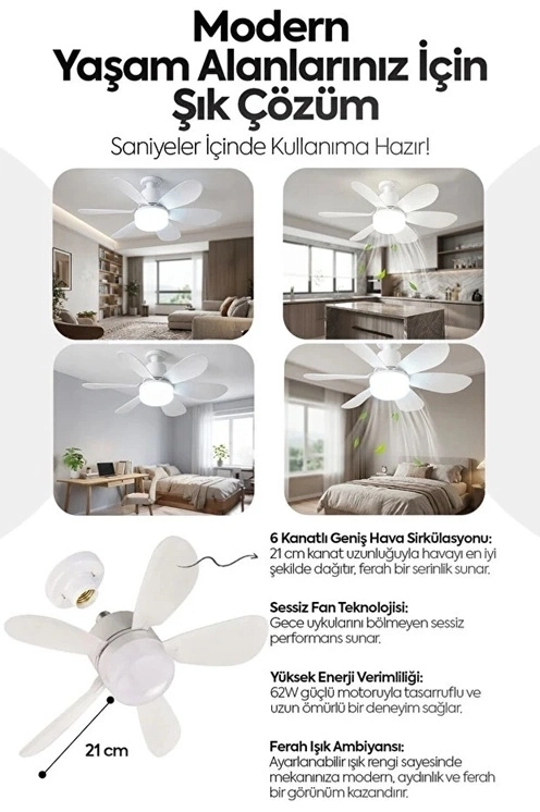 6 Kanatlı 3 Kademeli Led Aydınlatmalı Uzaktan Kumandalı Tavan Vantilatörü