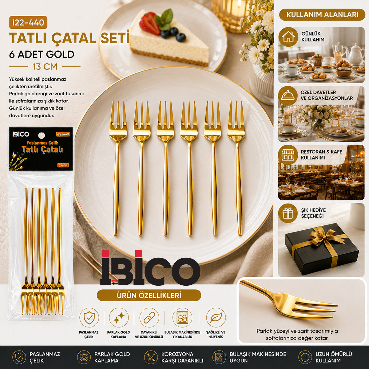 60 PARÇA GOLD TATLI ÇATAL SETİ 13CM - 1 PAKET İÇİNDE 6 ADET VARDIR - 10 PAKET GÖNDERİLİR (5643)