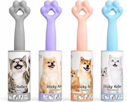 4’lü Set Tüy Toplama Rulosu, 60 Yapraklı Güçlü Yapışkan Sticky Roller, Pati Tasarımlı Sap, Kedi Köpek Tüyü Temizleyici, Kıyafet Koltuk Halı ve Araç İçi İçin (20 cm)
