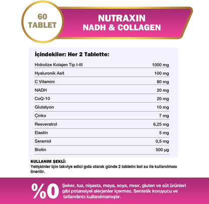 Nutraxin NADH & Collagen | Tip I-III Kolajen + NADH + Hyaluronik Asit | Cilt, Saç, Tırnak ve Enerji | 60 Tablet