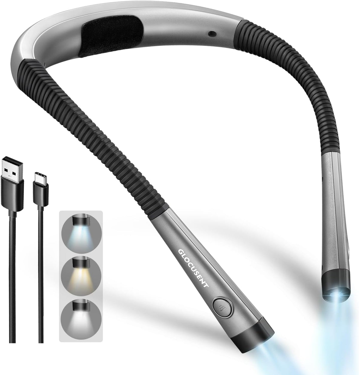 Glocusent Boyun Okuma Işığı, Geceleri Yatakta Okumak için Kitap Işığı, 80+ Saate Kadar Uzun Ömürlü Şarj Edilebilir Boyun Işığı, 3 Renk ve 6 Parlaklık Seviyesi, Hevesli Okuyucular için Mükemmel (gri)