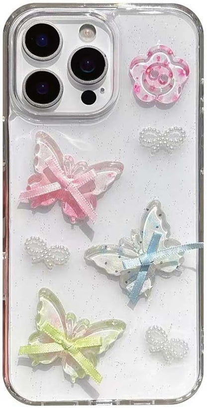 3D Kelebekli Şeffaf Simli iPhone 13 Uyumlu / 14 Uyumlu Kılıf – Kamera Korumalı, Darbe Emici Silikon
