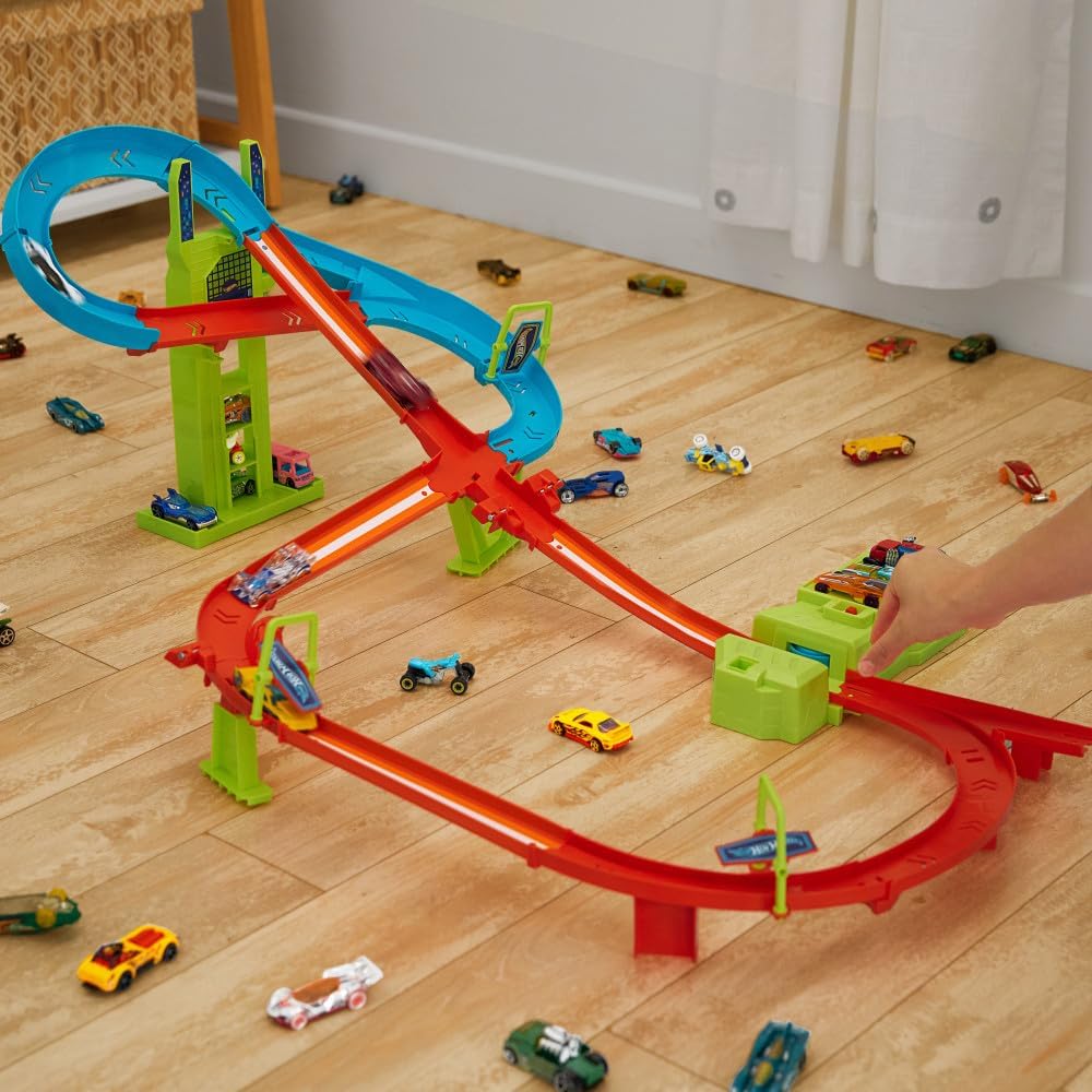 Hot Wheels Pist Seti, Hot Wheels Neon Yarışlar Çoklu Yarış Heyecanı Pist Seti,1 adet araba, motorlu hızlandırıcı, bir veya birden çok arabayla oyun, oyuncak depolama, HPC07