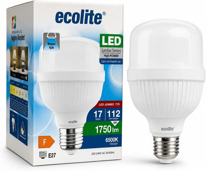 17W Jumbo LED Ampul (112W Eşdeğer) 6500K Beyaz Işık – E27 Duy, 1750 Lümen, 220V, Enerji Sınıfı F, 109x70mm