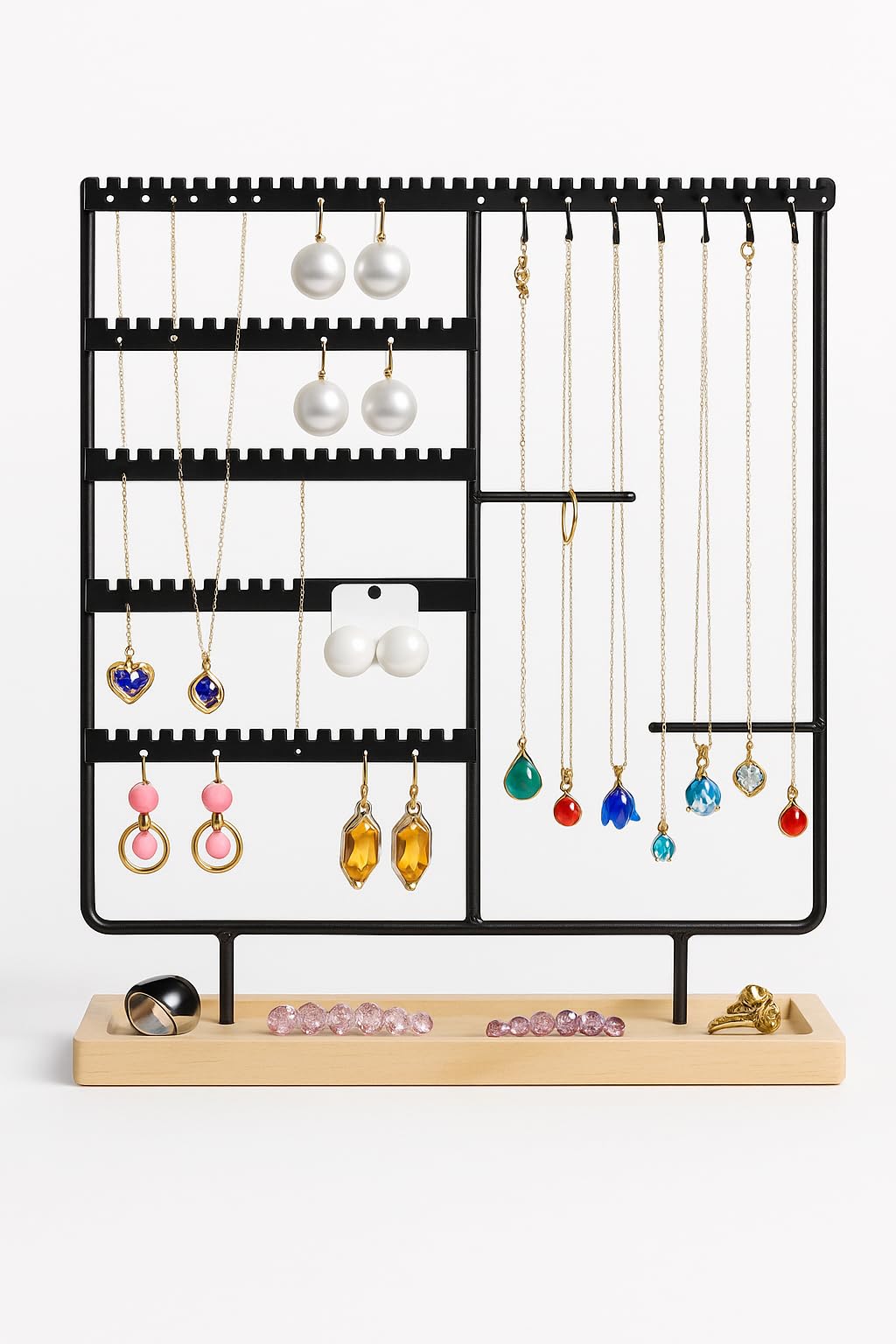 Onomo Takı Organizeri, Takı Standı Metal Stand ve Ahşap Taban, 35x30x9.5 cm, Küpe Kolye Yüzük Düzenleyici, Siyah