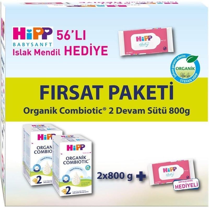 Hipp 2 Organik Bebek Sütü Combiotic 800 gr X 2 Adet Avantaj Paketi (Islak Mendil Hediyeli)