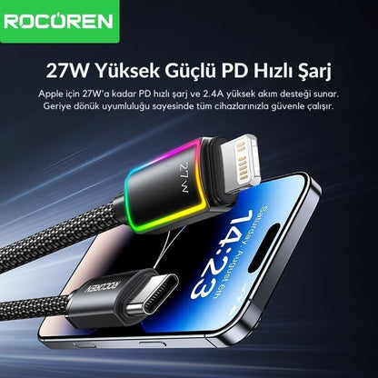 27W Type-C to Lightning RGB Aydınlatmalı Örgülü Şarj ve Data Kablosu 1 Metre