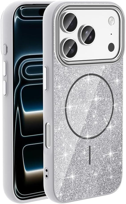 PSR Aksesuar iPhone Kılıf – M-safe Uyumlu Parlayan Simli Okso Kapak, Darbe ve Kamera Koruma Silikon Case (Beyaz, iPhone 17 Pro)