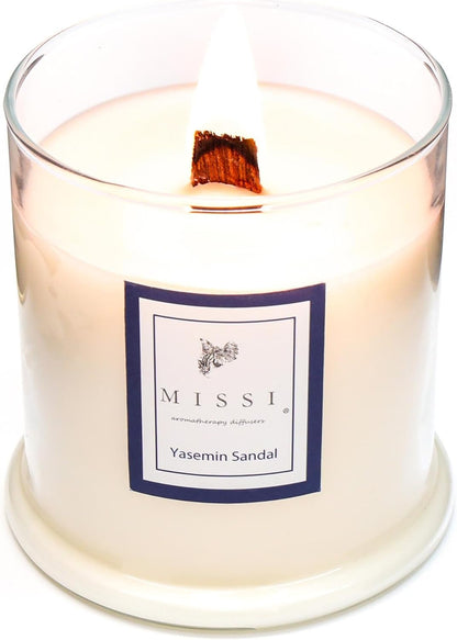 Büyük Üfleme Cam Ahşap Fitilli Yasemin Sandal Vegan Mum (380 gr)