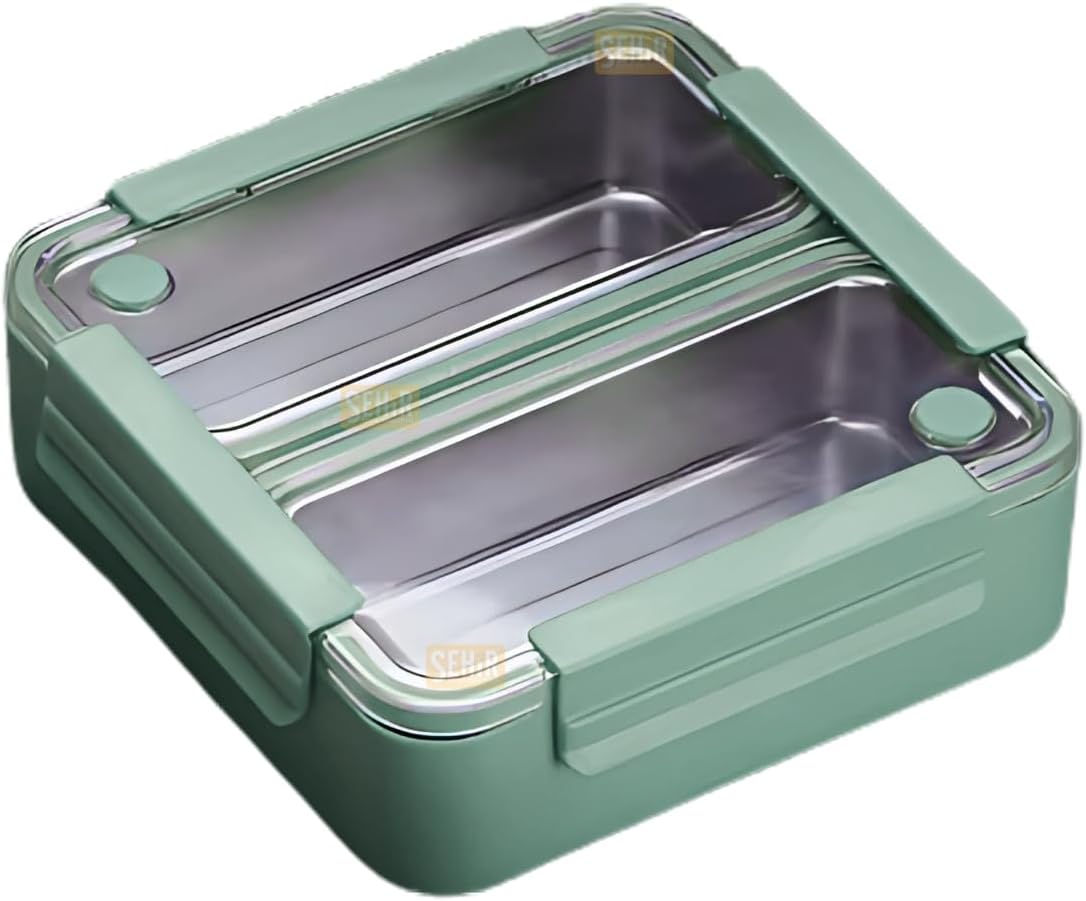 Vagonlife Bento 1100ml Lunchbox Tek Katlı 2 Bölmeli Paslanmaz Çelik Sefer Tası Yemek Kutusu (Yeşil)