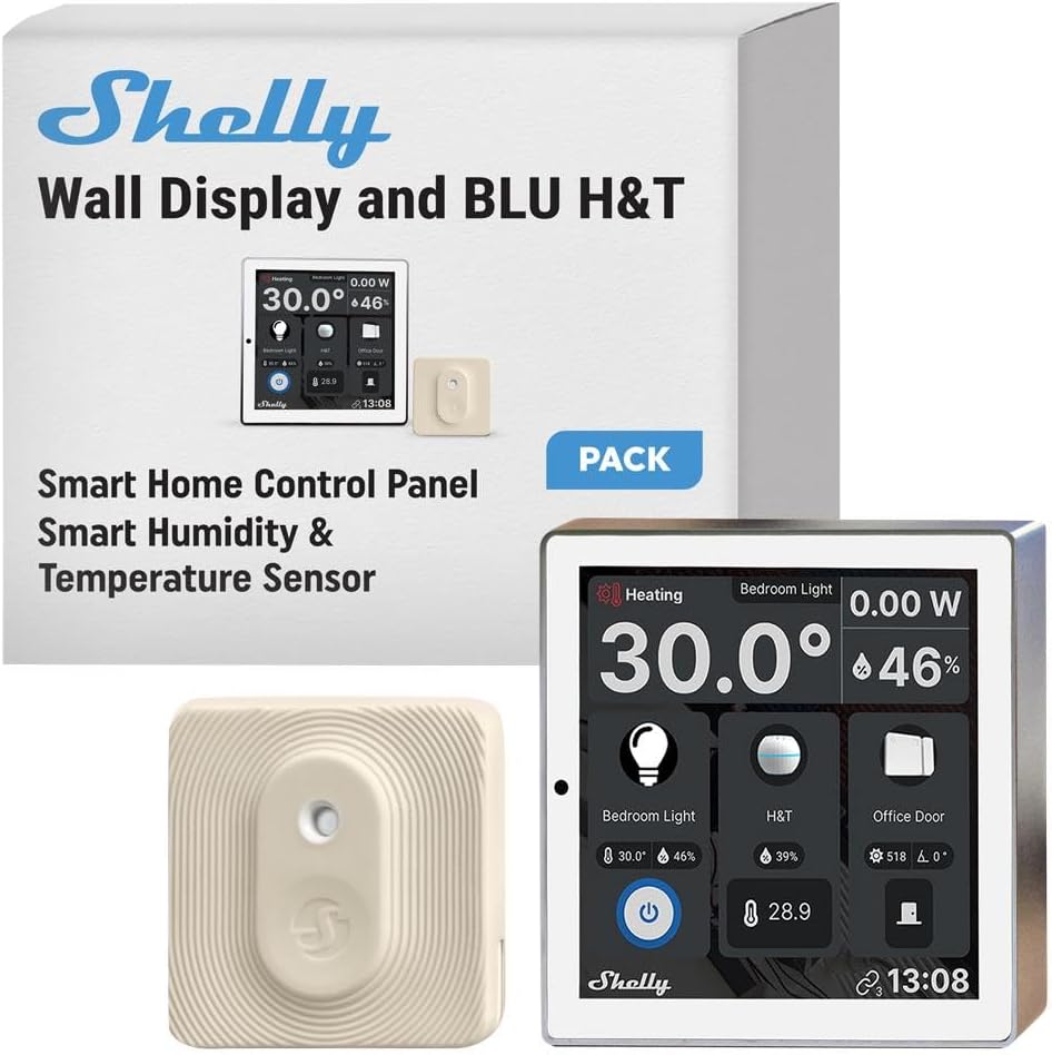 Shelly Wall Display Beyaz + Blu H&T Fildişi (Paket), WLAN Akıllı Ev Kontrol Paneli, Termostat, Entegre 5A Röle, Nötr İletken Gerekli, Çevre Verileri, Kontrol Merkezi, Alexa ve Google Home