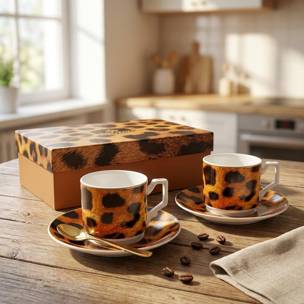 2'li Porselen Kahve Fincanı Takımı - 100 cc Leopar Desenli Altın Yaldızlı Premium Türk Kahvesi ve Espresso Fincan Seti
