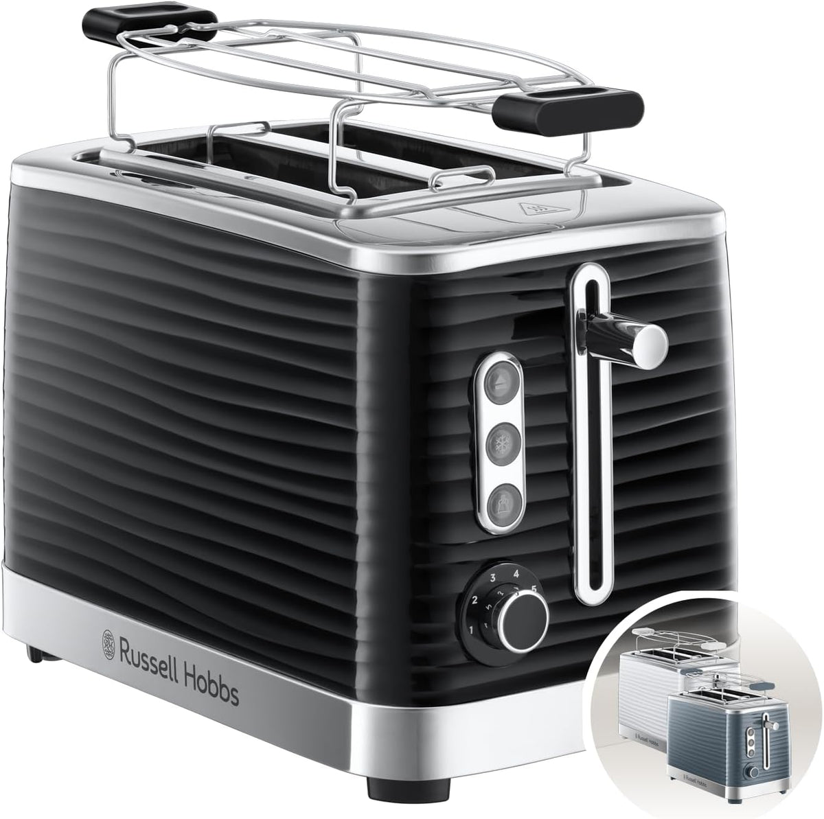 Russell Hobbs Ekmek kızartma makinesi [2 dilim için] Inspire siyah, yüksek kaliteli parlak yapılı (ekstra geniş tost yuvaları, ekmek başlığı, 6 kızartma kademesi + buz çözme ve ısıtma fonksiyonu)