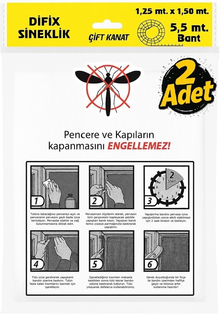 Çift Kanat Pratik Sineklik, 1,25  m x 1.5 m Tül, Kapı & Pencere Uyumlu, 5,5 m Yapıştırma Bantlı (2 Adet)