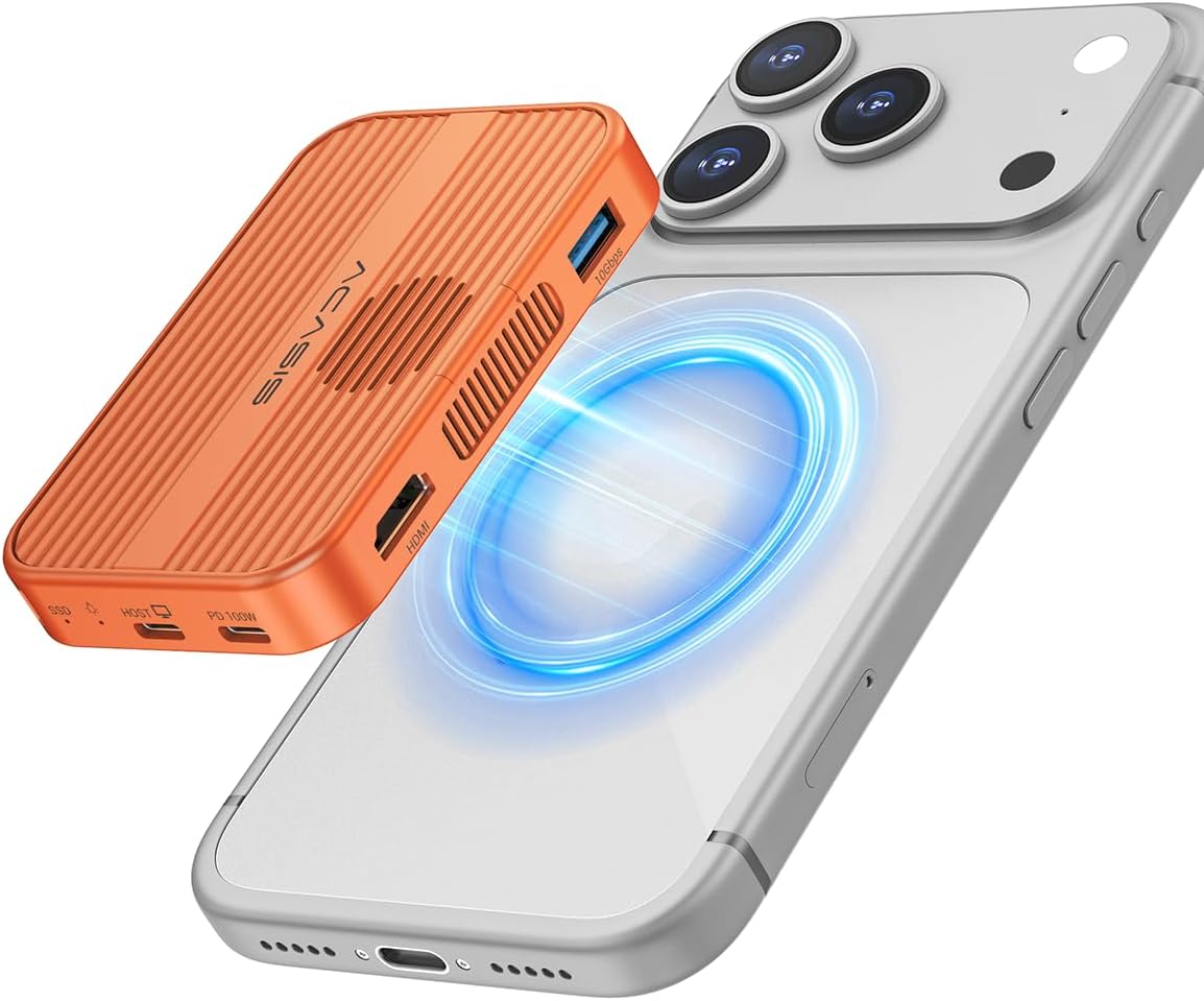ACASIS Manyetik M.2 NVMe SSD kasa ve fanlı USB-C yerleştirme istasyonu, iPhone 17/16/15 Pro/Pro Max/Plus için, aletsiz kurulum, 2230/2242/2260/2280 B+M M-Key (turuncu)