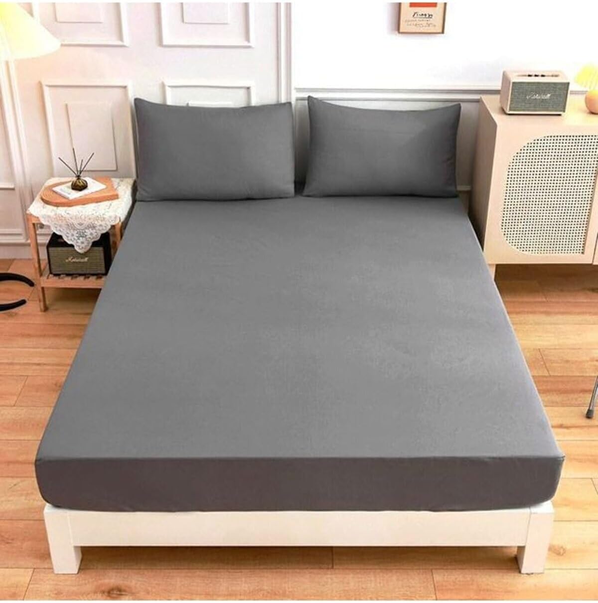 Ezgi Çift Kişilik Lastikli Kumaş Çarşaf + 2 Yastık Kılıfı, 160 x 200 cm, Antrasit