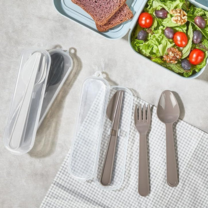 Plastik Çatal Kaşık Bıçak Seti Taşıma Kutulu Kamp Piknik Okul (Bej)