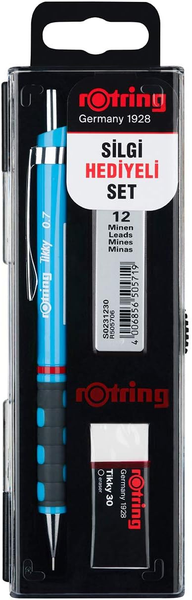 Mekanik Kurşun Kalem, Uç ve Silgi Seti, 0,7 mm Kalem, 2B Uç, Orta Boy Silgi, Açık Mavi, 3'lü Set