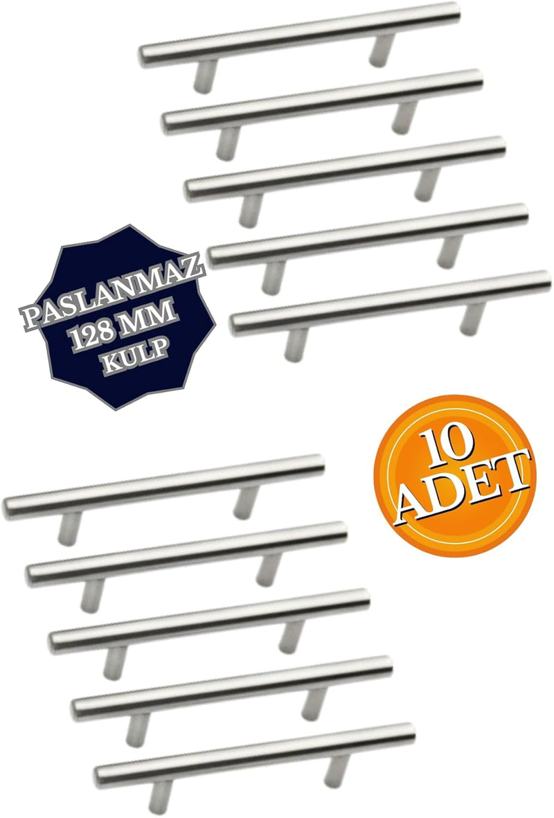 Paslanmaz Metal Kulp, Inox Dolap Çekmece Mobilya Kulbu, TV Ünitesi Yatak Odası Vestiyer Mutfak için (128 mm, Adet, 10)