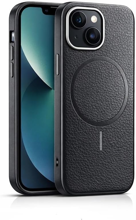 iPhone 13/14 ile Uyumlu MagSafe Kılıf, Premium Deri Görünümlü, Kamera Korumalı, Güçlü Mıknatıslı Telefon Kılıfı,Siyah + 9H Anti Statik Temperli Kırılmaz Cam Ekran Koruyucu Hediyeli