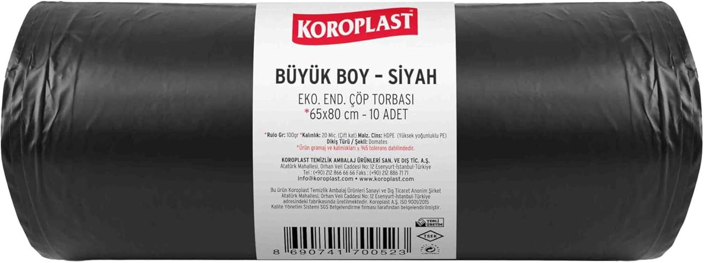 Ekonomik Endüstriyel Büyük Siyah Çöp Torbası 10’lu 65×80 cm, Kalın & Dayanıklı, Çift Katlı, Geri Dönüştürülebilir Atık Torbası; Restoran, Fabrika, İnşaat, Ofis ve Depo İçin Güçlü Çöp Poşeti