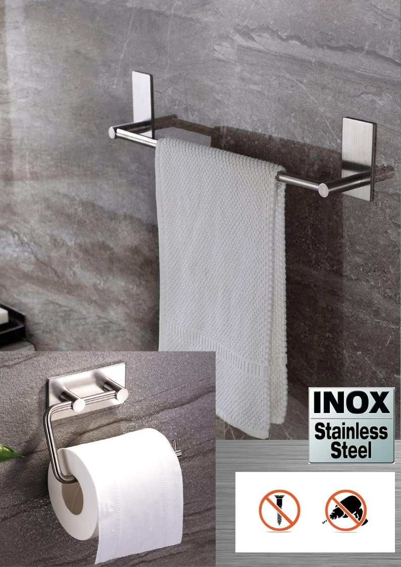 DELTAHOME Paslanmaz Çelik 40cm Havluluk ve Tuvalet Kağıtlığı Set - inox Yapışkan Bant Sistem