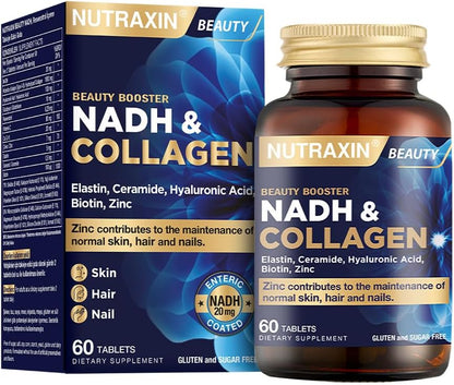 Nutraxin NADH & Collagen | Tip I-III Kolajen + NADH + Hyaluronik Asit | Cilt, Saç, Tırnak ve Enerji | 60 Tablet