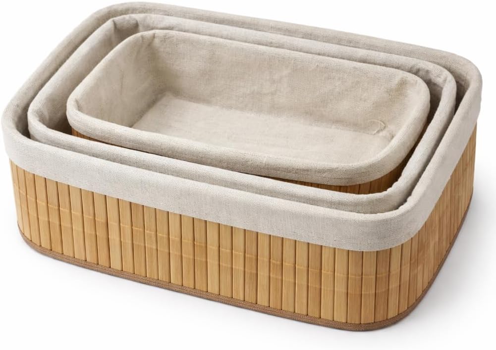 Bambu Meyvelik Sepeti 3’lü Set – Küçük, Orta, Büyük Boy – Çıkarılabilir Kumaş Astarlı – Doğal Ahşap Dekoratif Tezgah & Masa Üstü Organizer (Large)