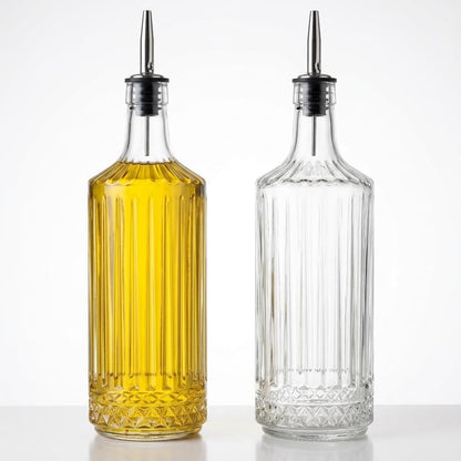 2'li Pure Model Şeffaf Cam Yağdanlık Seti - Optikli (Çizgili) Tasarım, Paslanmaz Akıtmaz Uçlu Yağ ve Sirke Şişesi (750 ml x 2 Adet)