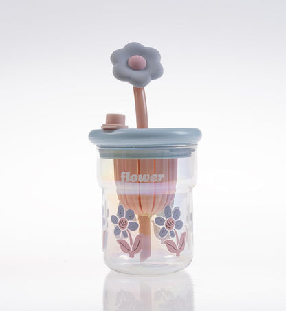 Çiçek Desenli Cam İçecek Bardağı, Çiçek Temalı Pipetli Bardak, Kapaklı,Eglenceli ve Dekoratif Tasarım, Mor,Pembe,Mavi,ve Yeşil Renk Seçenekleri (Mavi)