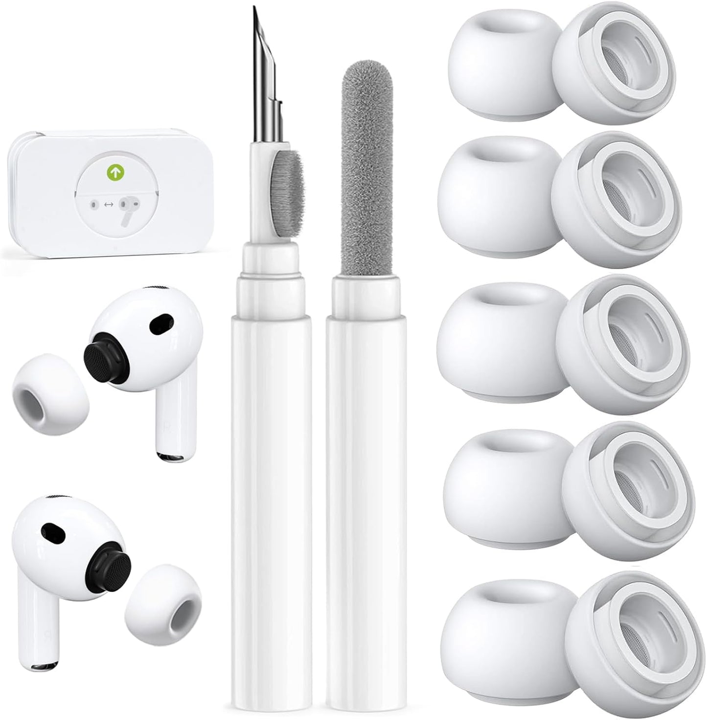 AirPods Pro 3 Nesil için 5 Çift Yedek Kulak Ucu, Dahili Toz Koruma Ekranı, AirPods Pro 3. (2025) için Temizleyici Kalem Silikon Kulak Uçları (5 Boyut-XXS/XS/S/M/L) -Beyaz