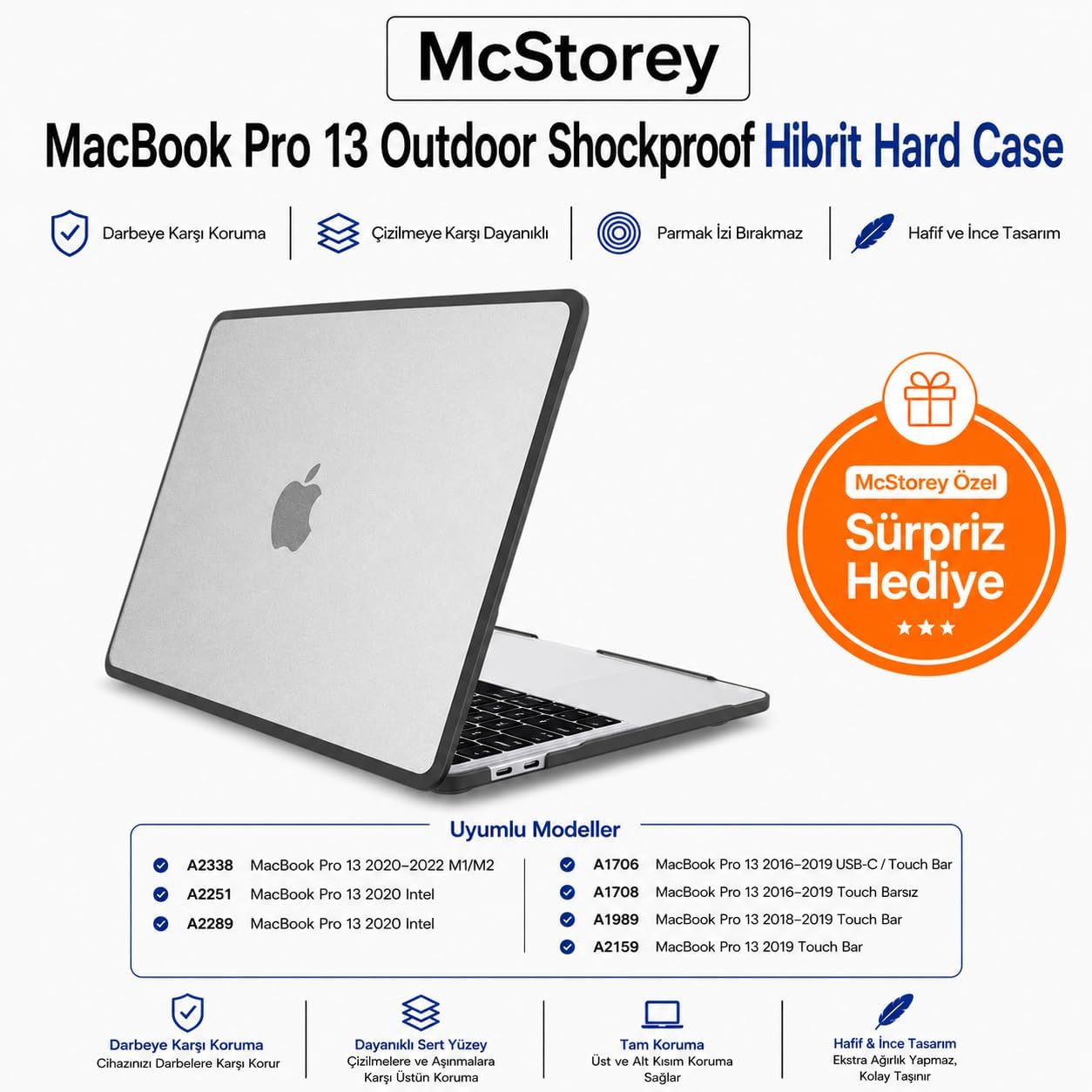 MacBook Pro 13 Darbe Korumalı Kılıf A1706 A1708 A1989 A2159 A2251 A2289 A2338 M1 M2 Uyumlu Mat Sert Kapak Koruyucu Kılıf Şeffaf