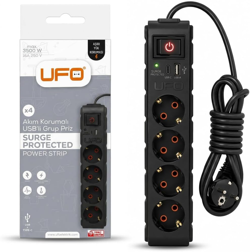 UFO Yeni 4lü Akım Korumalı Grup Priz 1,5 Metre Bakır Kablolu, 5V 2,4A USB ve Type-C ile Şarj, Anahtarlı Topraklı Priz, Sürekli Koruma, 16A 250V, Max 3500W Aşırı Yük Koruması, 1,5m. Siyah renk