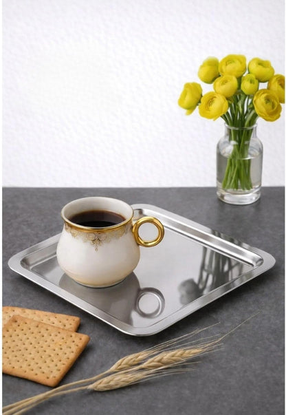 6 Adet Lüx Kare Paslanmaz Çelik Sunum Tepsini 21x21cm Kahve Servis Sunum Tepsisi & Tabağı (Gümüş)