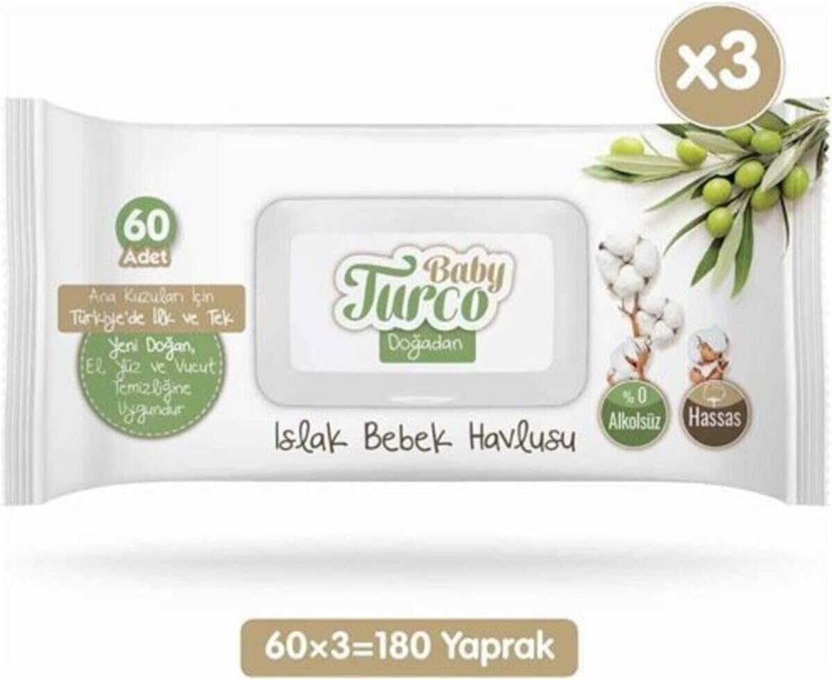 Baby Turco Doğadan Islak Bebek Havlusu, 3'lü paket, 180 Yaprak