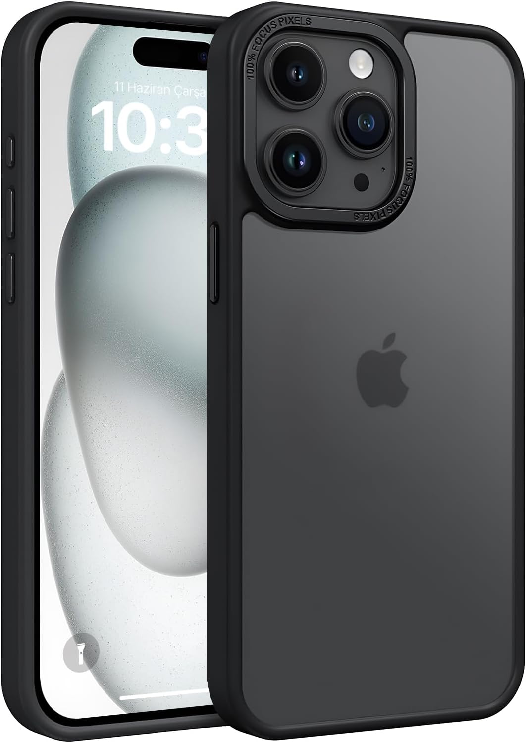 iPhone 15 için Mat Hybrid Materyal Metal Kamera Korumalı ve Metal Tuş Takımlı Ultra Güçlü Koruma Sağlayan ve Şık Görünümlü Premium Kılıf (Siyah, 15)