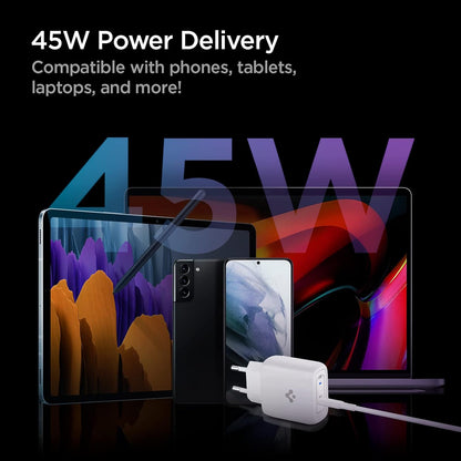 Spigen 45W USB-C Hızlı Şarj Aleti + Örgü Şarj Kablo PPS 2.0 Desteği / Isı Düşürücü GaN Pro Akım Korumalı Güç Adaptörü Super Hızlı Şarj iPhone & Android & iPad & MacBook Type-C - ACH02589