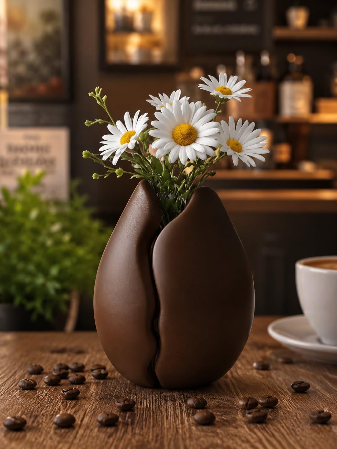 Kahve Çekirdeği Tasarımlı Dekoratif Vazo, Kahverengi, Mat Finish, 15 cm Yükseklik, 10 cm Genişlik, Modern Masaüstü Dekorasyon Objesi | PLA 3D Baskı