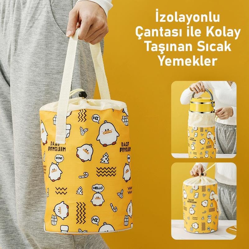4 Gözlü Çelik Penguen Desenli Sarı Termal Kutusu Çocuklar İçin Şirin