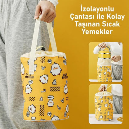 4 Gözlü Çelik Penguen Desenli Sarı Termal Kutusu Çocuklar İçin Şirin